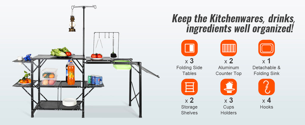 Camping Kitchen Table with Sink, Aluminum Folding Frame