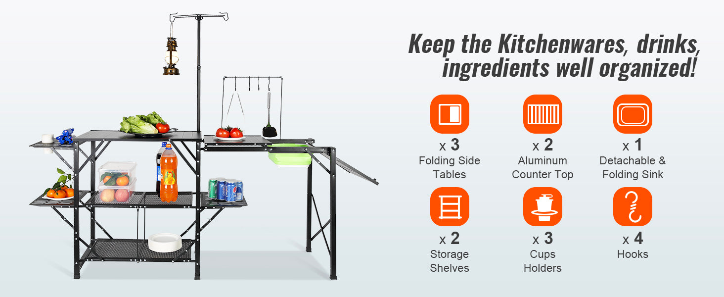 Camping Kitchen Table with Sink, Aluminum Folding Frame