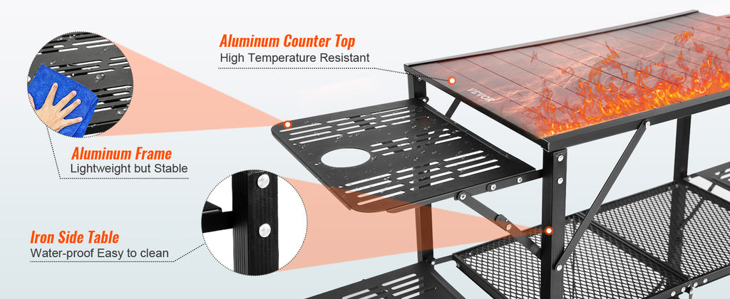 Camping Kitchen Table with Sink, Aluminum Folding Frame