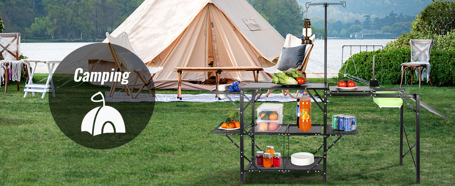 Camping Kitchen Table with Sink, Aluminum Folding Frame