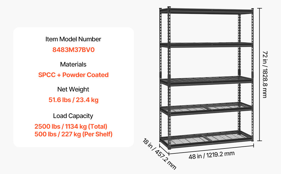 5 Tier Metal Storage Shelves Height Adjustable Shelving