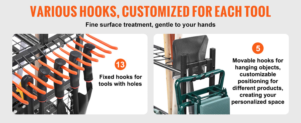 Portable Garden Tool Organizer Rack with Hooks, Wheels