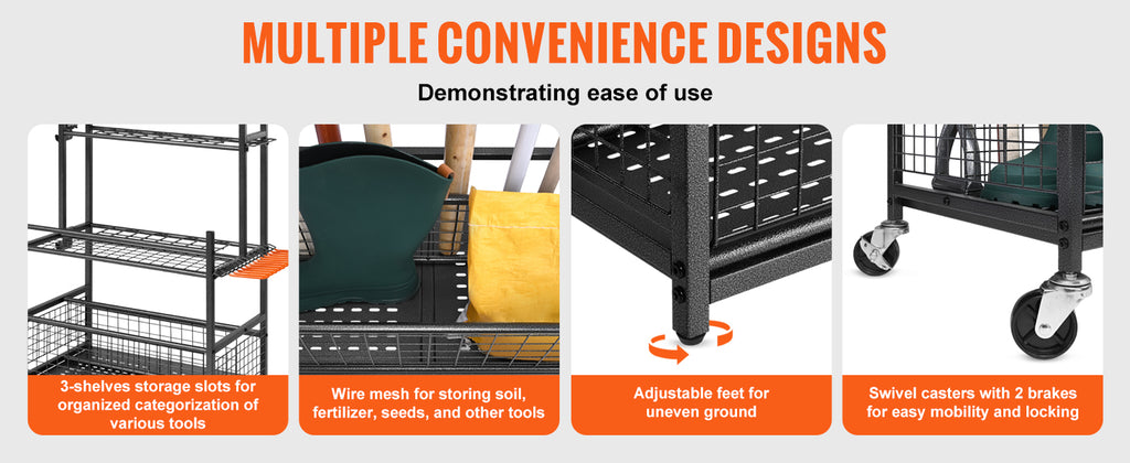 Portable Garden Tool Organizer Rack with Hooks, Wheels