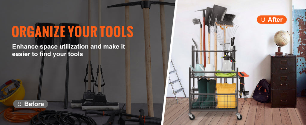 Portable Garden Tool Organizer Rack with Hooks, Wheels