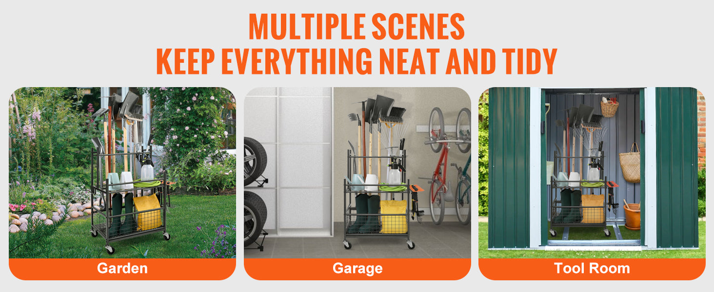 Portable Garden Tool Organizer Rack with Hooks, Wheels